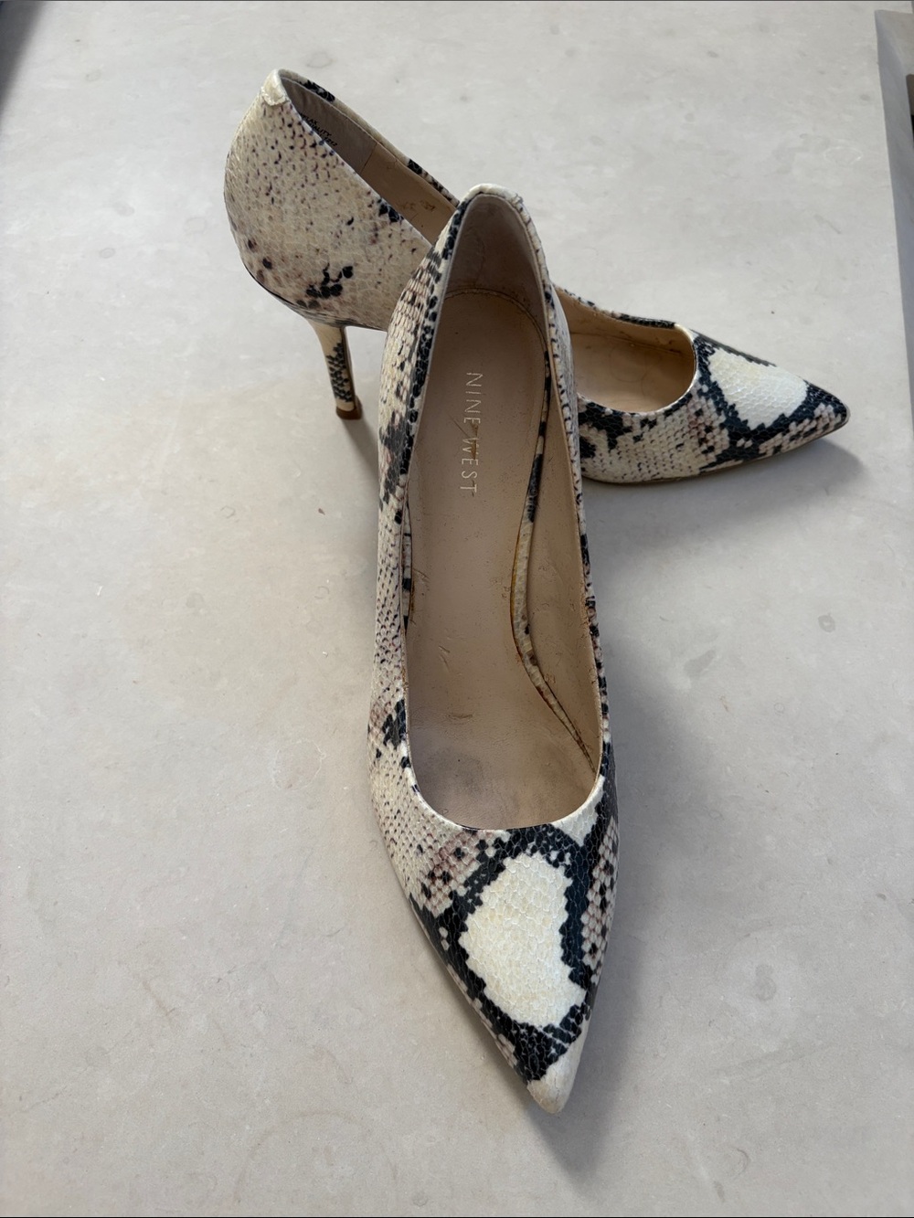 Nine West Snake-Print Pointed Toe Pumps in Beige and Black